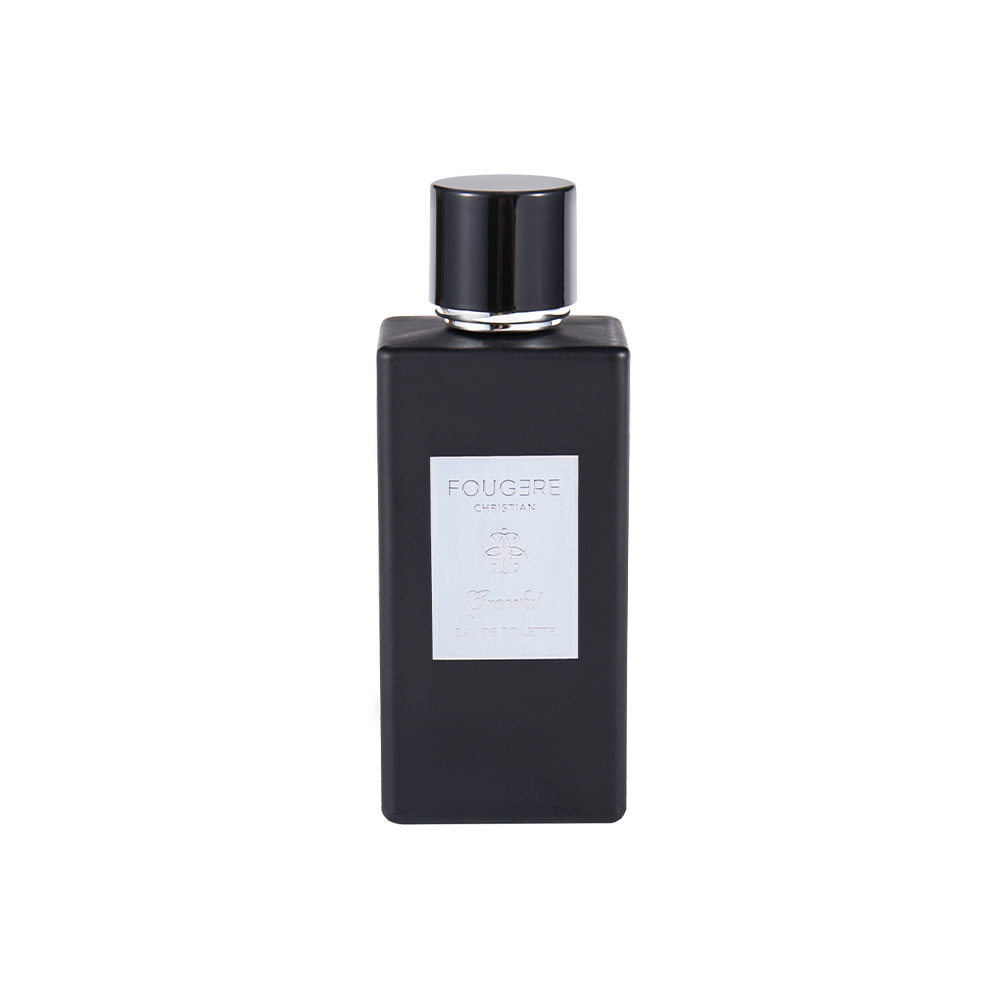 KY1481-WJ2360 Frasco de perfume de vidro preto fosco de 100ML com tampa preta brilhante