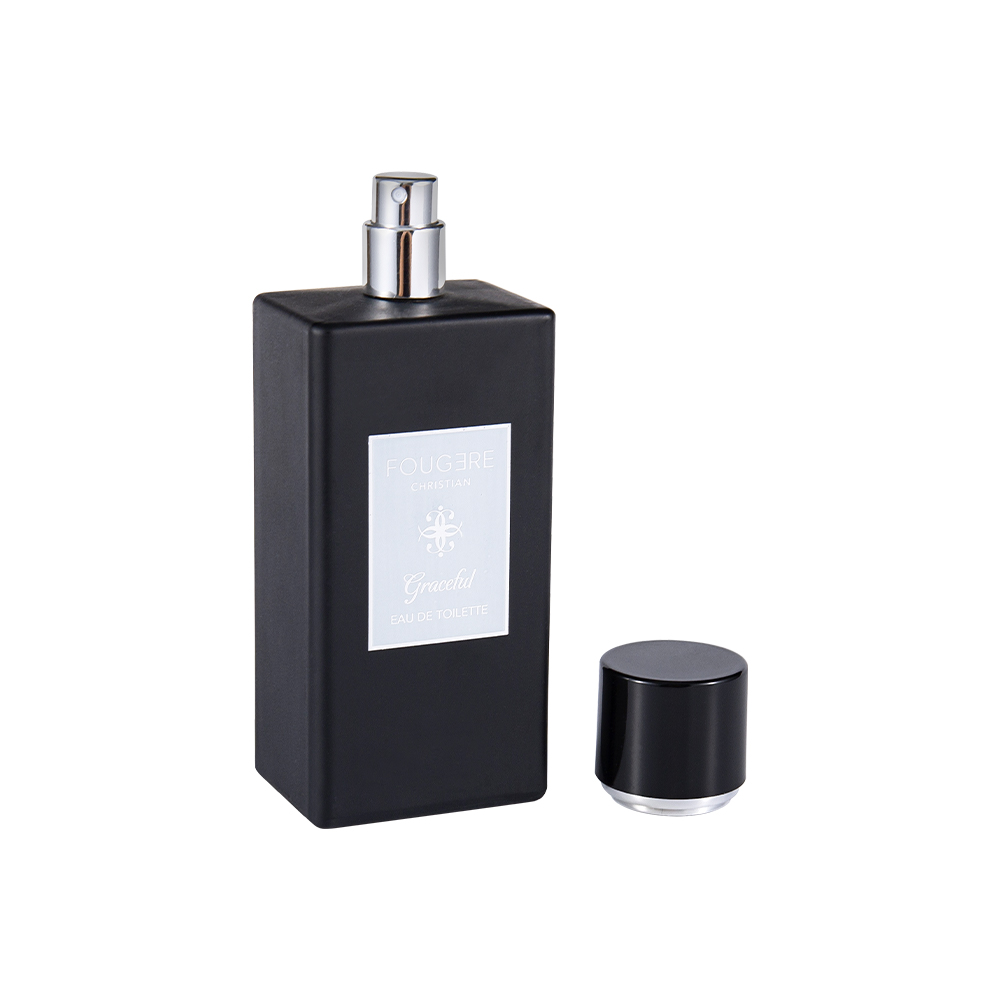 KY1481-WJ2360 Frasco de perfume de vidro preto fosco de 100ML com tampa preta brilhante