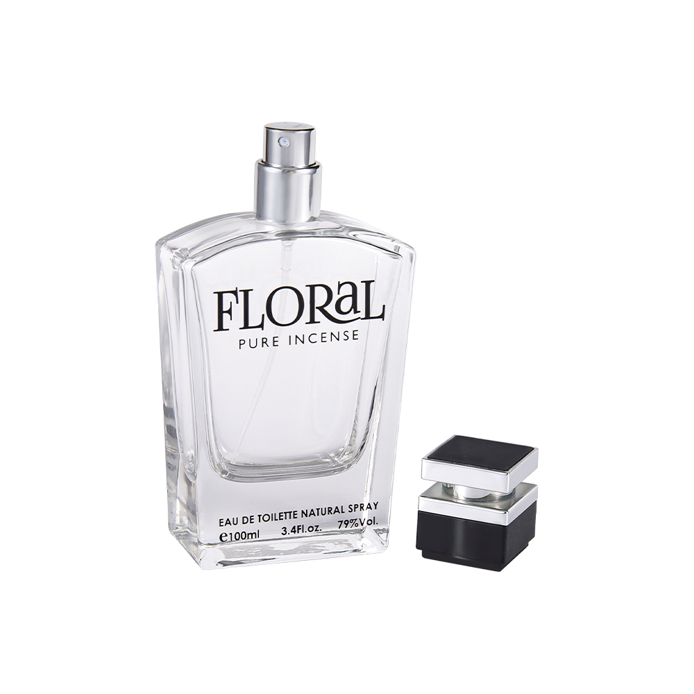 Garrafa de perfume de vidro transparente de KY10-WJ2045 50ML com tampão preto impresso e peça de prata UV