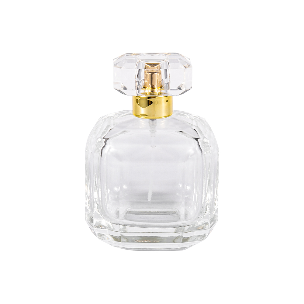 Garrafa de perfume de vidro transparente de GC3898-WJ2005 100ML com tampa acrílica Surlyn e pescoço brilhante de ouro