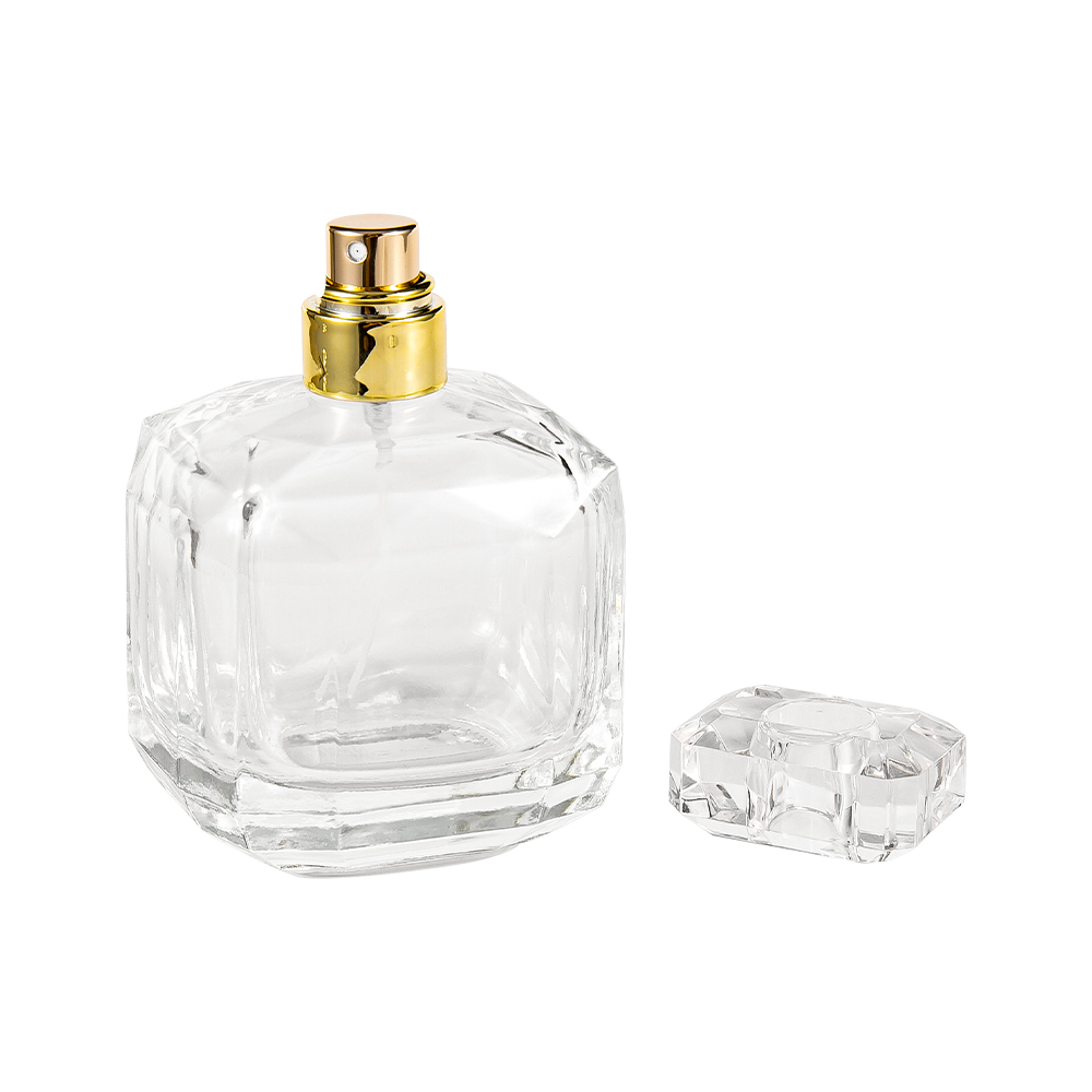 Garrafa de perfume de vidro transparente de GC3898-WJ2005 100ML com tampa acrílica Surlyn e pescoço brilhante de ouro