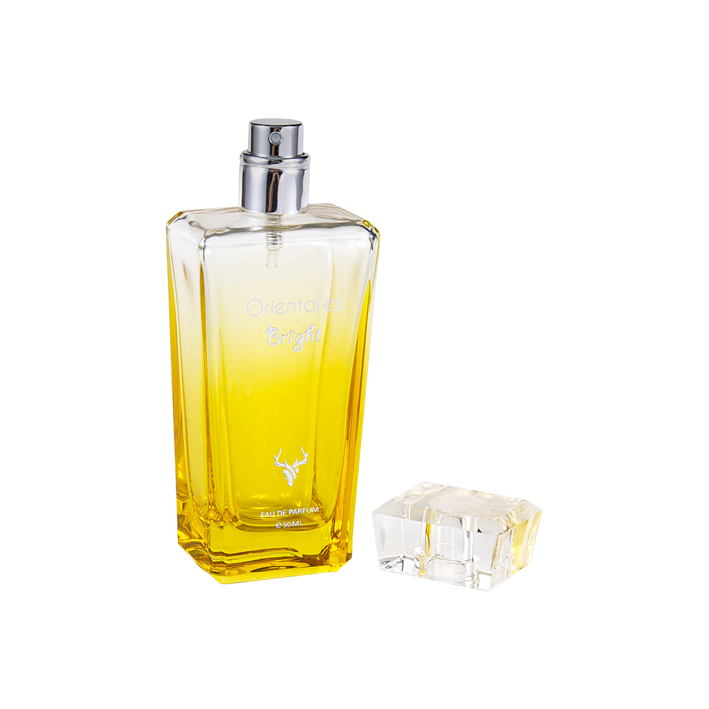 Inclinação de KY100-WJ64 50ML que reveste a garrafa de perfume de vidro amarela com o tampão transparente da resina de K