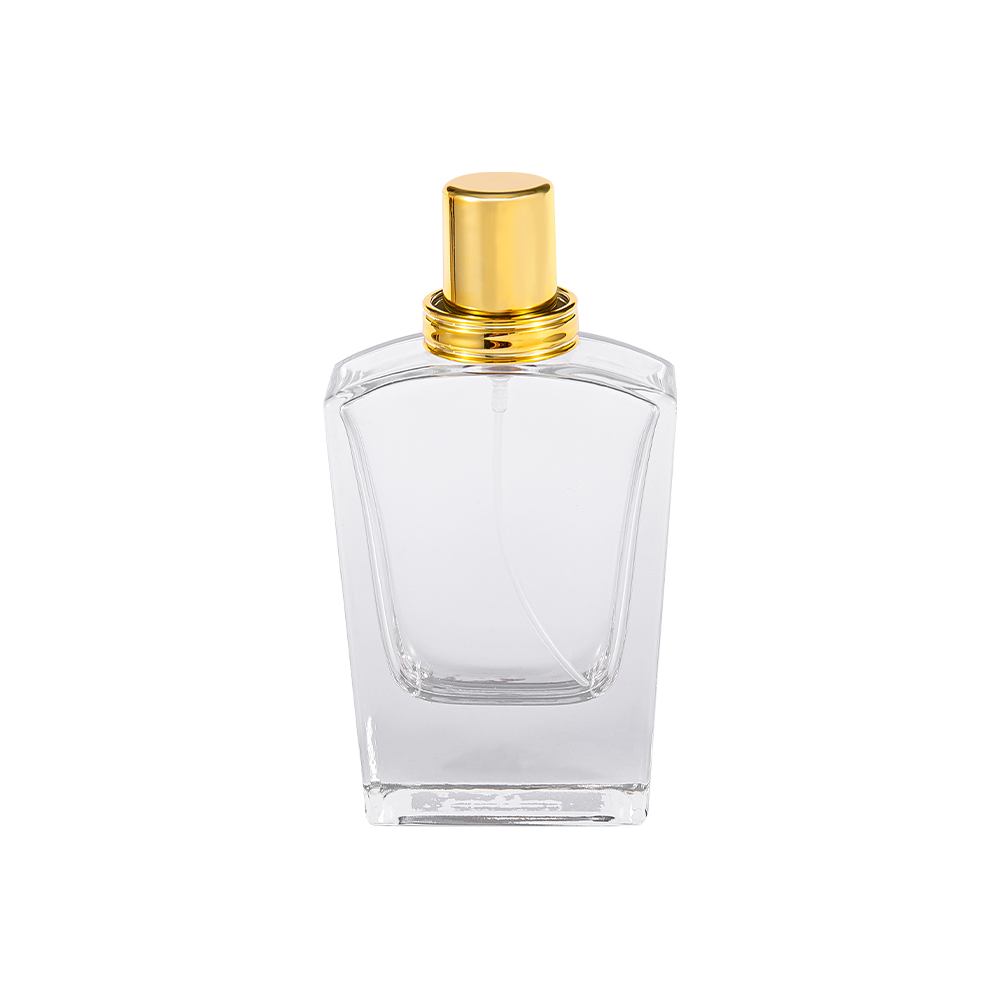 Garrafa de perfume de vidro transparente de KY10-WJ436 50ML com o tampão brilhante UV do ouro
