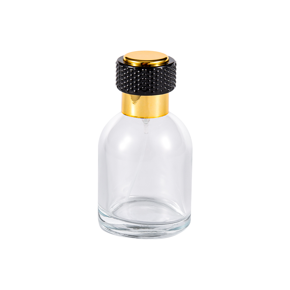 Garrafa de perfume de vidro transparente de GC3986-WJ816 50ML com tampão plástico de ouro uv e peça preta