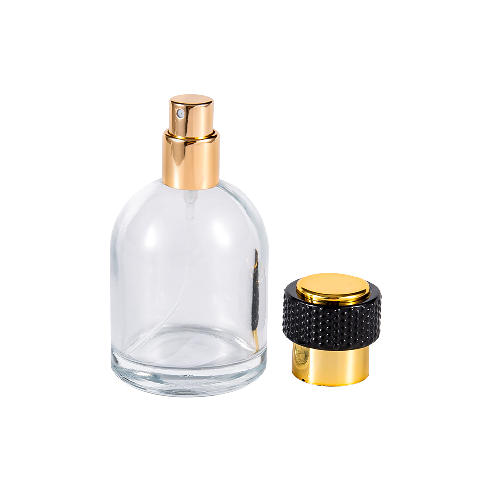 Garrafa de perfume de vidro transparente de GC3986-WJ816 50ML com tampão plástico de ouro uv e peça preta