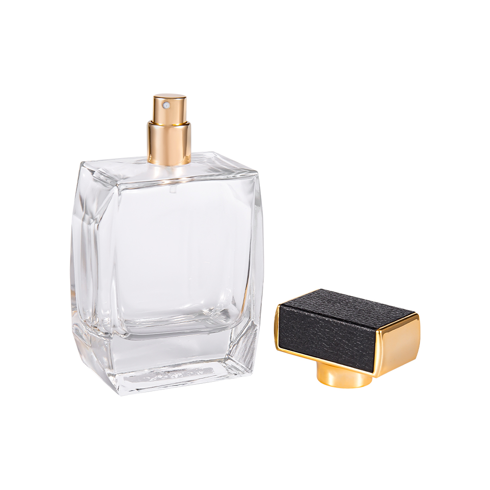 Frasco de perfume de vidro transparente KY1092-WJ2092 100ML com tampa plástica de couro e peças banhadas a ouro UV