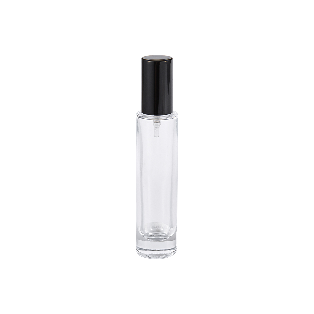 Garrafa de perfume de vidro transparente de GC4423-WJ2369 30ML com o tampão cilíndrico preto brilhante dos PP