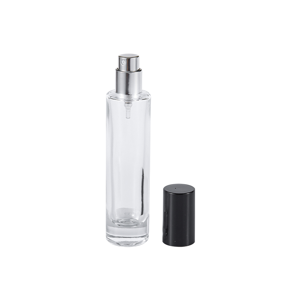 Garrafa de perfume de vidro transparente de GC4423-WJ2369 30ML com o tampão cilíndrico preto brilhante dos PP