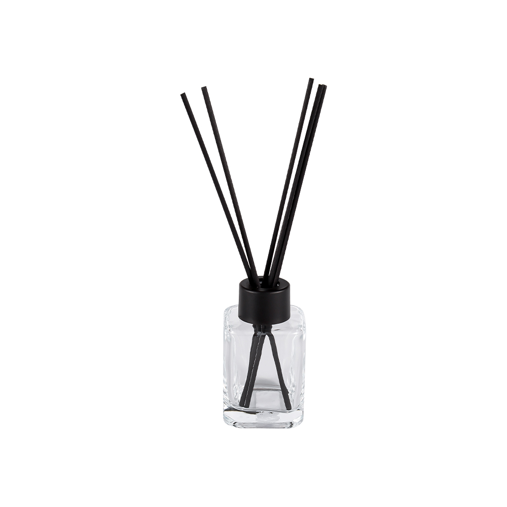 Frasco difusor quadrado HJ-RX2248 com tampa de plástico com pescoço de parafuso e adesivo de fibra preta fosca