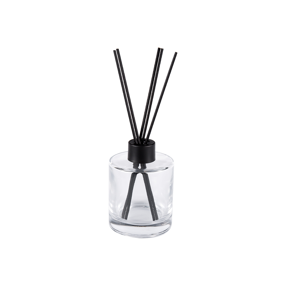 HJ-RX2109 Garrafa difusora de vidro de sílex cilíndrica, tampa de alumínio plástica, adesivo de fibra colorida