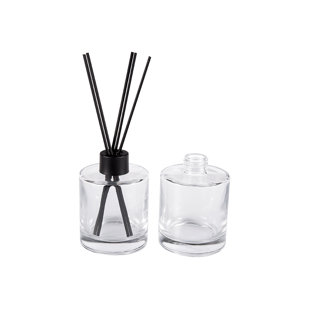 HJ-RX2109 Garrafa difusora de vidro de sílex cilíndrica, tampa de alumínio plástica, adesivo de fibra colorida