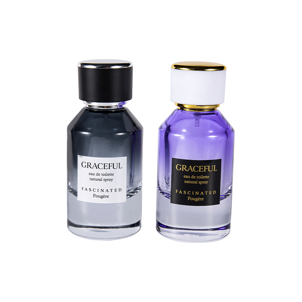 GC4416-WJ2098 Frasco de perfume de vidro impresso revestido de 50ML com couro, tampa de plástico ABS, forro PP à prova de UV