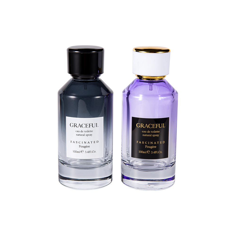 GC4418-WJ2098 Frasco de perfume de vidro impresso revestido colorido de 100ML com tampa de plástico ABS de couro e forro UV PP