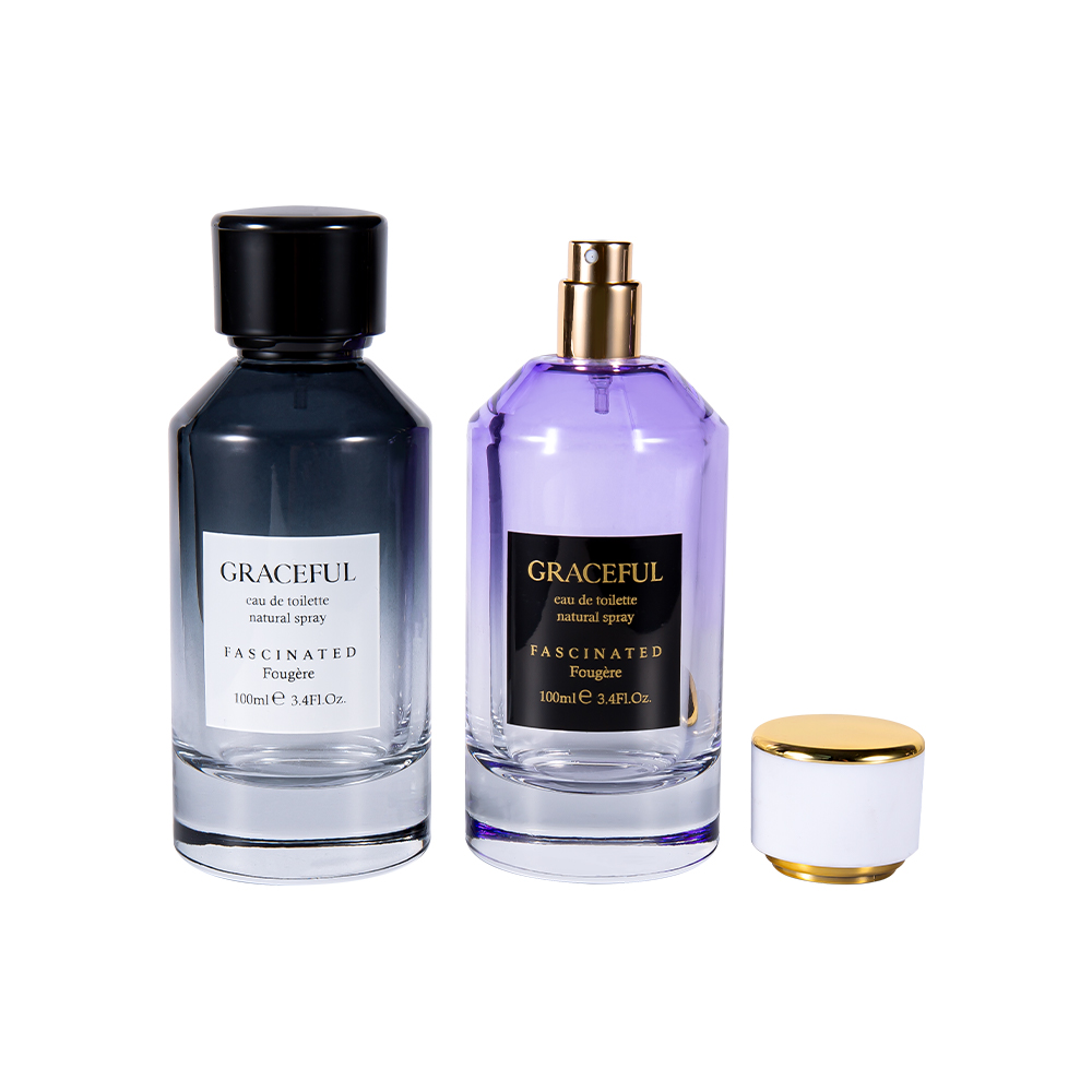 GC4418-WJ2098 Frasco de perfume de vidro impresso revestido colorido de 100ML com tampa de plástico ABS de couro e forro UV PP