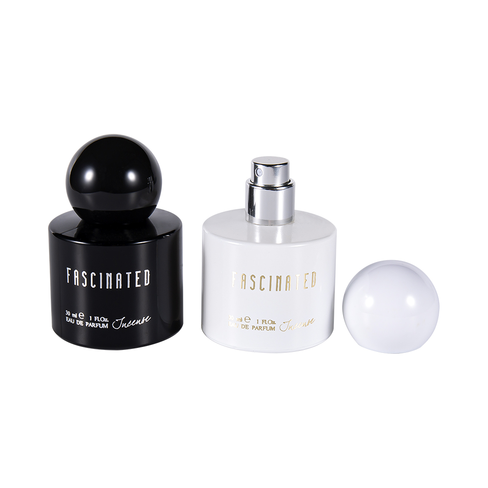 Garrafa de perfume de vidro revestida cilíndrica da folha de ouro de GC4748-WJ2537 30ML com o tampão plástico esférico dos PP do ABS