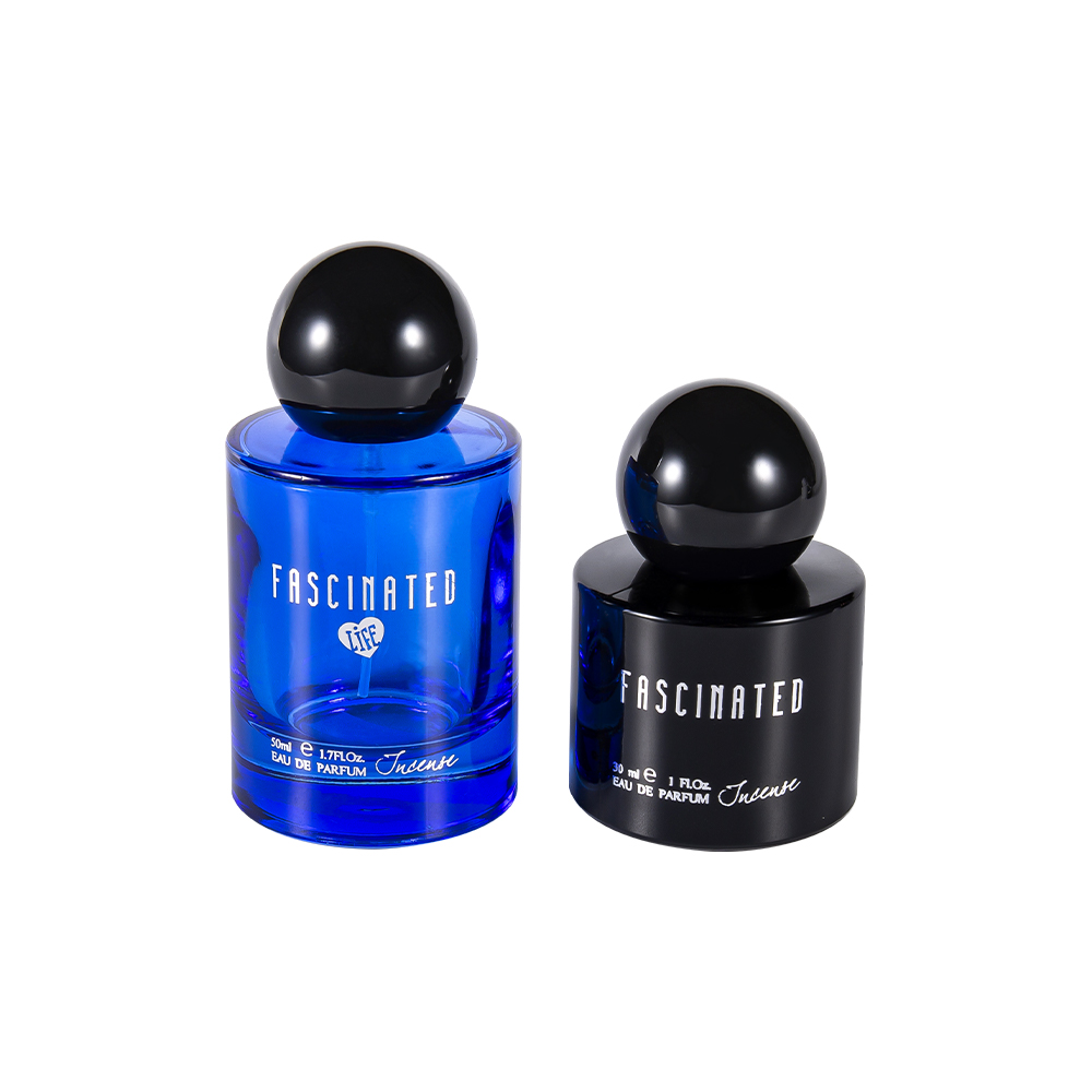 Garrafa de perfume de vidro revestida cilíndrica da folha de ouro de GC4749-WJ2537 50ML com o tampão plástico esférico dos PP do ABS