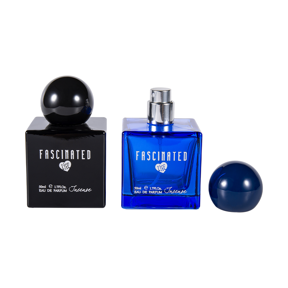 KY145-WJ2537 Frasco de perfume de vidro impresso colorido em cubo de 50ML com tampa de plástico UV esférica