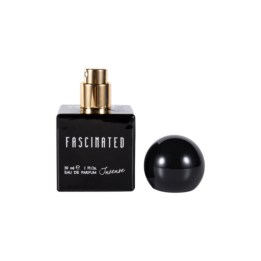 KY150-WJ2537 Frasco de perfume de vidro impresso colorido em cubo de 30ML com tampa de plástico UV esférica