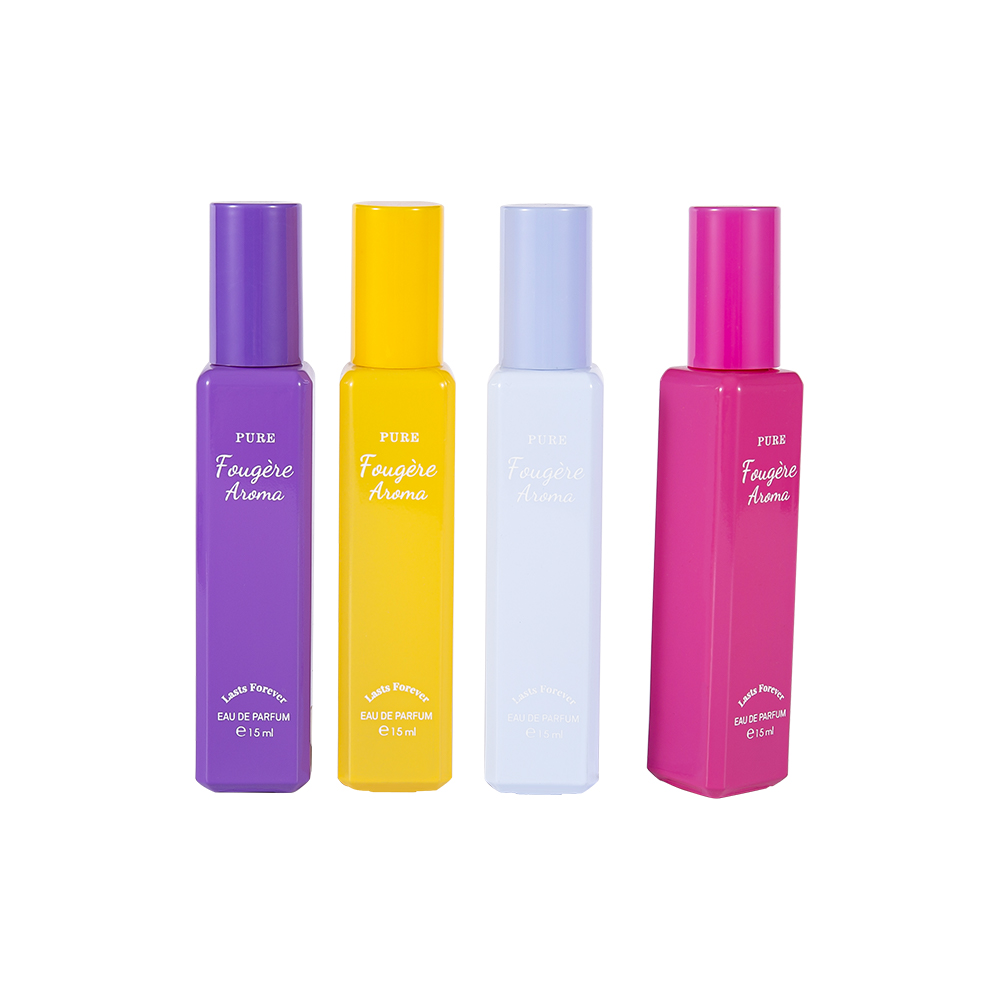 Garrafa de perfume de vidro revestida de capacidade pequena de GC4222-WJ2369 15ML com o tampão plástico colorido dos PP