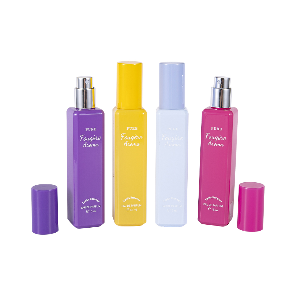 Garrafa de perfume de vidro revestida de capacidade pequena de GC4222-WJ2369 15ML com o tampão plástico colorido dos PP