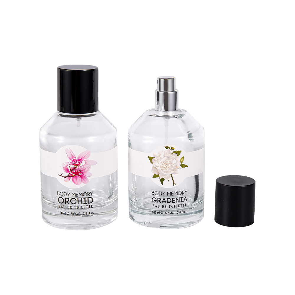 KY1603-WJ2388 Frasco de perfume de vidro com adesivo impresso em 100ML com tampa cilíndrica preta fosca brilhante em PP