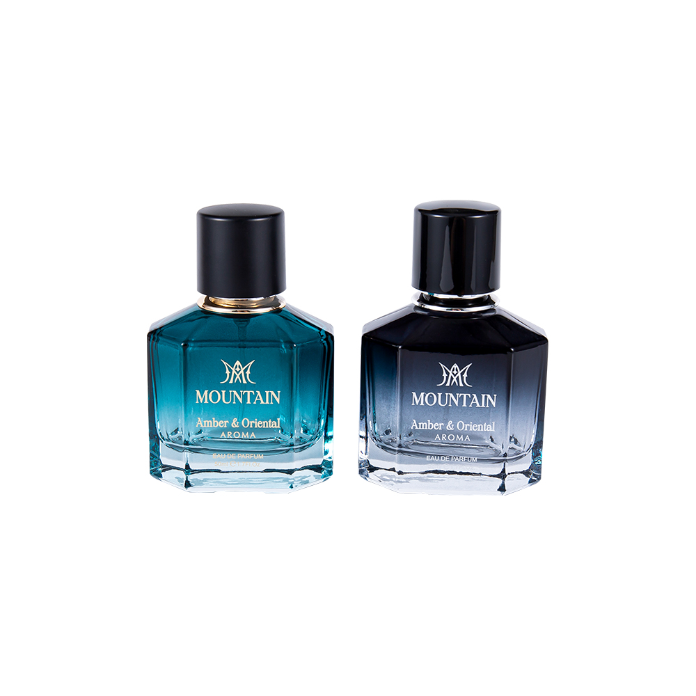 Garrafa de perfume de vidro de GC4030-WJ2099 50ML com impressão de revestimento e tampa de perfume UV do Abs da fita de carimbo quente dos PP