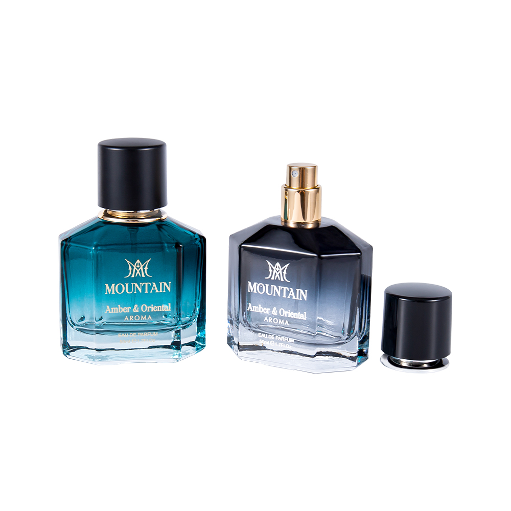 Garrafa de perfume de vidro de GC4030-WJ2099 50ML com impressão de revestimento e tampa de perfume UV do Abs da fita de carimbo quente dos PP