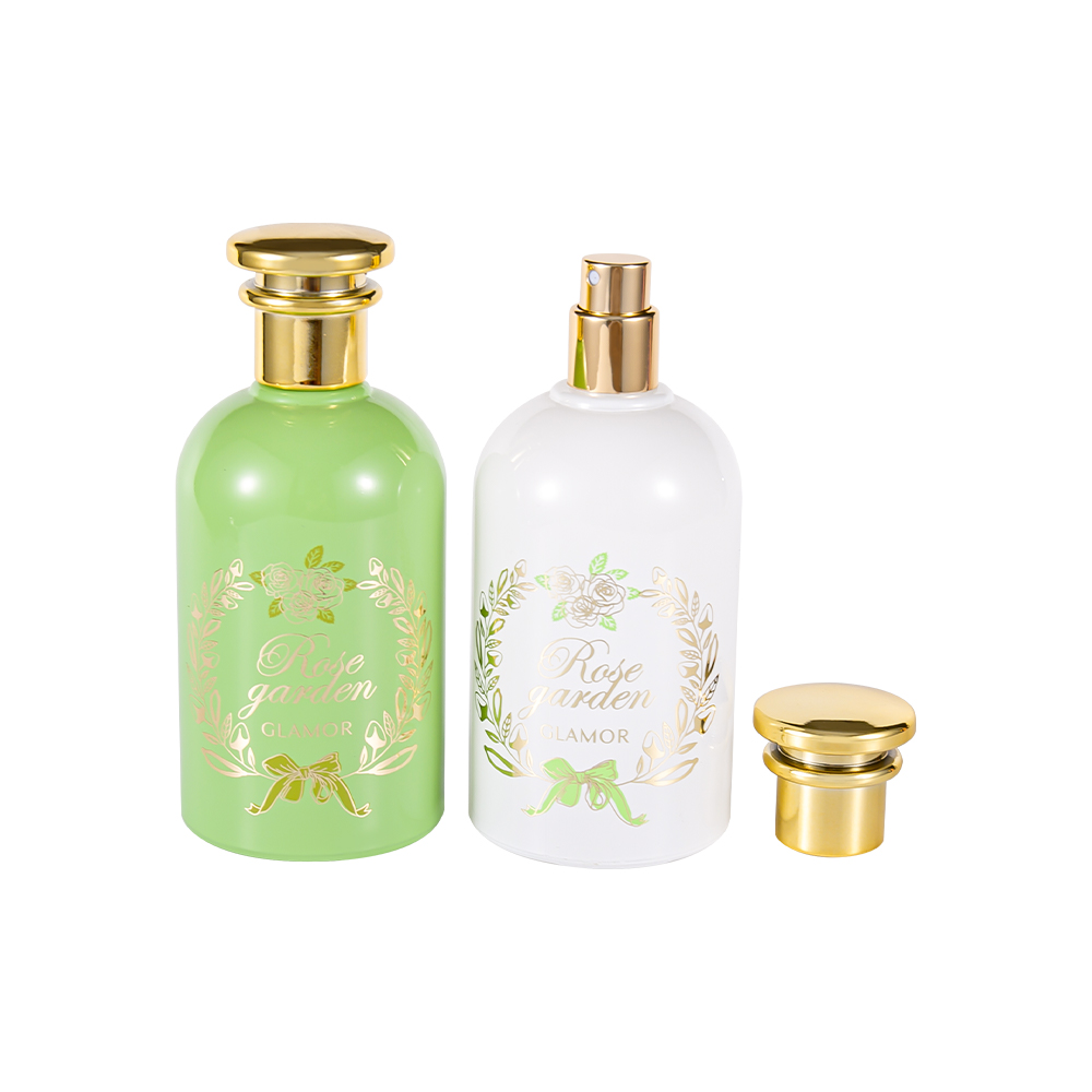 GC336-WJ2420 Conjunto de frasco de perfume de estampagem a quente de cor 100ML com tampa UV de ouro PP