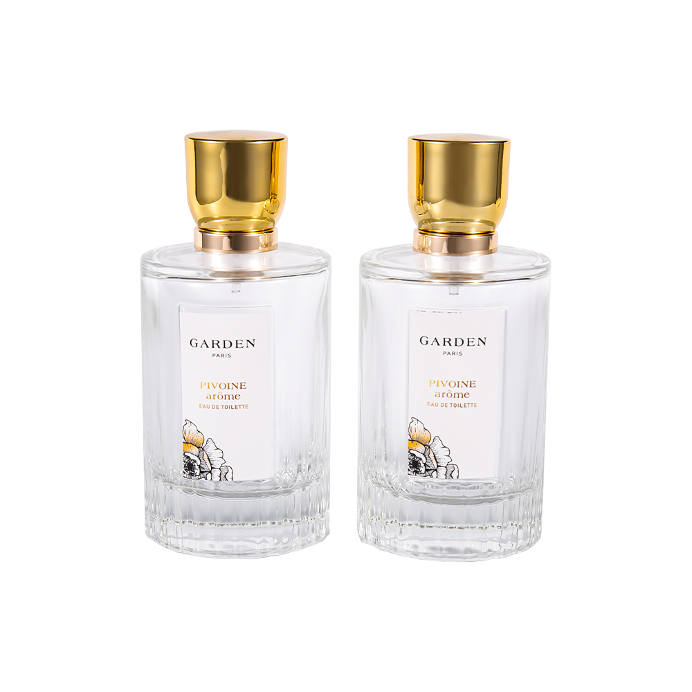 Garrafa de perfume de vidro elegante de KY1595-WJ2430 100ML com o tampão UV luxuoso do perfume do ouro