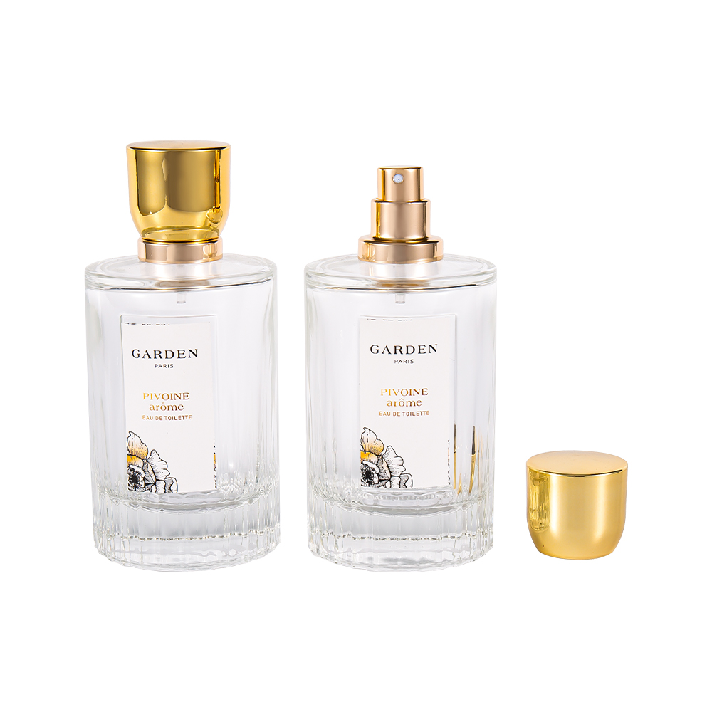 Garrafa de perfume de vidro elegante de KY1595-WJ2430 100ML com o tampão UV luxuoso do perfume do ouro