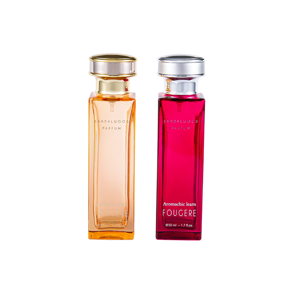 Frasco de perfume de vidro retangular clássico GC4138-WJ2164 50ML com tampa de perfume prata-ouro brilhante