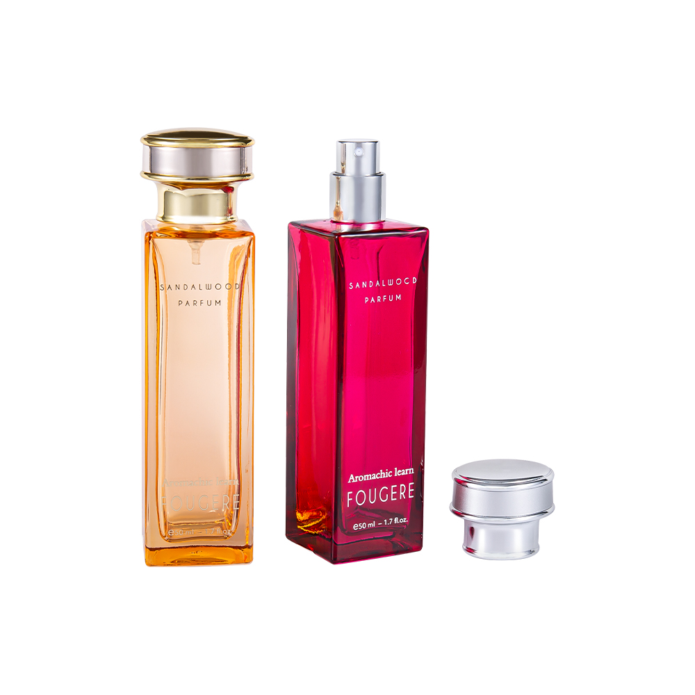 Frasco de perfume de vidro retangular clássico GC4138-WJ2164 50ML com tampa de perfume prata-ouro brilhante